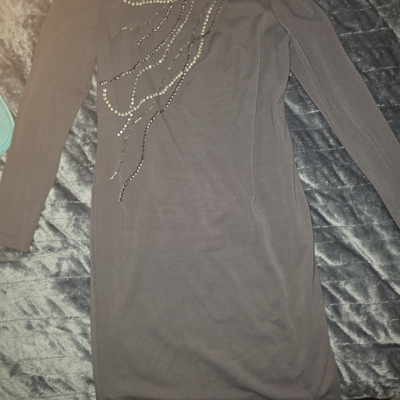 Suzi Chin Charcoal Gray Long-Sleeve Dress with Rhinestone Cascade - Picture 3 of 5